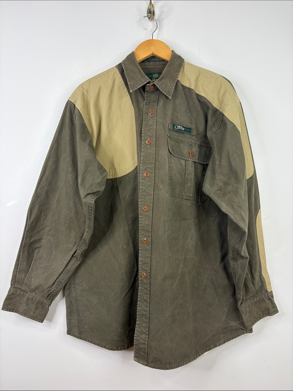 Vintage Orvis Hunting Shirt Mens Large Olive Green Cotton Long Sleeve Workwear